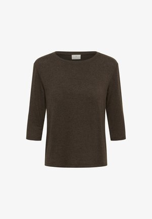 Donkerbruine, lichte top met een ronde halslijn en driekwartmouwen. Zachte textuur met een subtiel gemêleerd patroon.