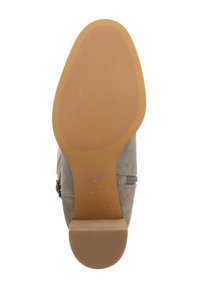 Gray suede boot with a rubber sole, featuring a textured tread pattern and a small wooden heel. Includes a side zipper detail.