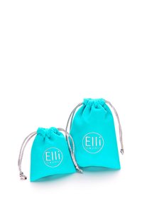 Turquoise fabric drawstring bags, one larger and one smaller, featuring a silver stamped logo reading "Elli We Love Jewels." Smooth texture.