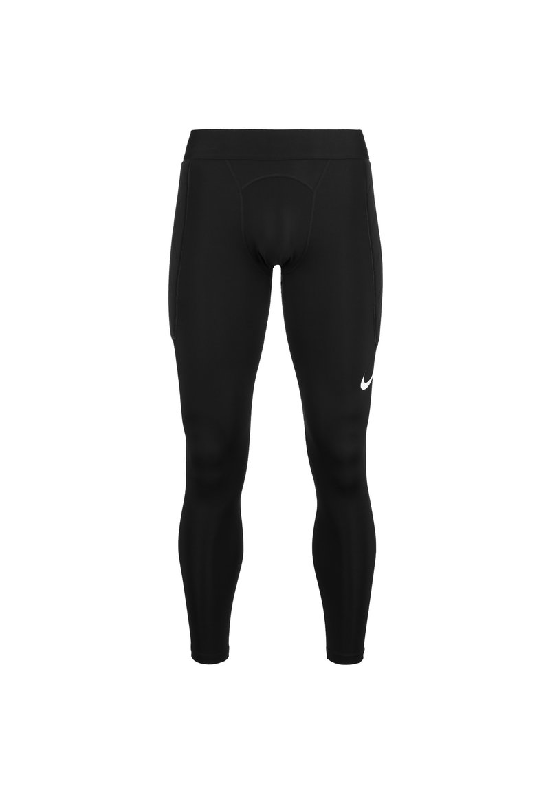 Leggings sportivi neri con un design aderente, realizzati in un tessuto elastico. Presentano un logo Nike discreto e cuciture rinforzate.