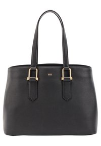 Sac cabas en cuir noir avec une texture grainée, des accents en métal doré, deux poignées courtes et une forme structurée. Présente un logo à l'avant.