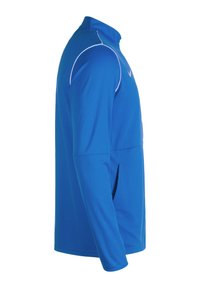 Langarm sporttop in levendig blauw, met een hoge kraag, witte sieraden en een zijzak. Gemaakt van lichtgewicht, ademend materiaal.