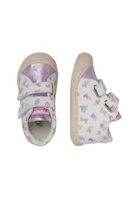 Multicolored children's shoes featuring a white base with butterfly and heart patterns, a shiny lavender toe cap, and Velcro straps.
