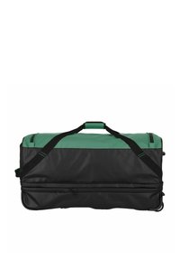 Zwarte en groene sporttas met een rechthoekige vorm, gemaakt van synthetisch materiaal, voorzien van twee handvatten en een ritsvak.