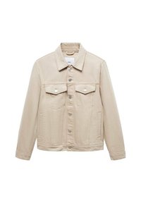 Chaqueta de mezclilla beige con cierre de botones en la parte frontal, dos bolsillos en el pecho, bolsillos laterales y un cuello clásico con costuras en color contrastante.