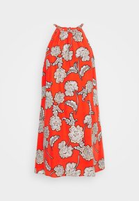 Robe sans manches orange vif à col halter avec un motif floral beige et gris, encolure froncée et coupe ample en ligne A.