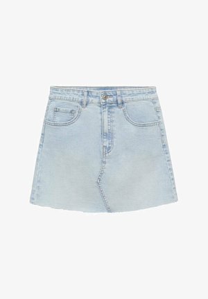 Denim mini skirt in light blue with a frayed hem, featuring a front pocket, belt loops, and a button closure at the waistband.