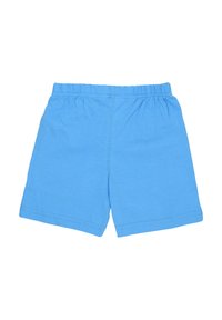 Jasnoniebieskie szorty z elastycznym pasem wykonane z miękkiego materiału, pokazane z tyłu na białym tle.