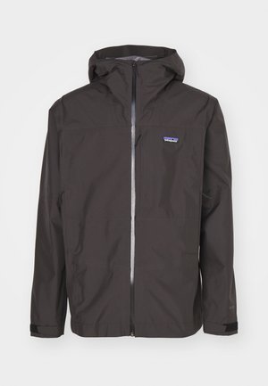 Men's black waterproof jacket featuring a hood, front zip closure, adjustable cuffs, and a logo on the chest. Smooth texture, lightweight design.