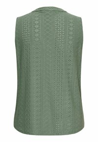 Haut vert sans manches avec des motifs en dentelle verticale et un col arrondi, vu de dos.