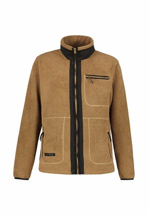 Braune Fleecejacke mit schwarzem Reißverschlussbesatz, drei Reißverschlusstaschen und einem Stehkragen, dargestellt vor weißem Hintergrund.