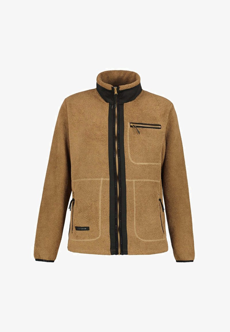 Braune Fleecejacke mit schwarzem Reißverschlussbesatz, drei Reißverschlusstaschen und einem Stehkragen, dargestellt vor weißem Hintergrund.