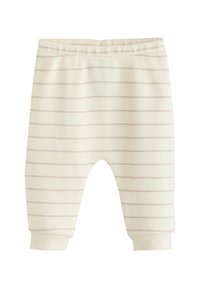 Pantalones de bebé color crema hechos de tejido acanalado, con rayas horizontales en gris claro, cintura elástica y puños ajustados.