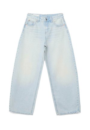 Jeans a gamba larga colore azzurro chiaro, vita alta, con chiusura frontale con bottoni e zip, tasche frontali e posteriori, e dettagli di cuciture a vista.