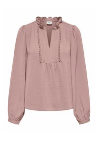 Blusa a maniche lunghe in rosa polveroso con scollatura a volant, design plissettato e polsini elasticizzati. Tessuto testurizzato con dettagli raffinati lungo la chiusura.