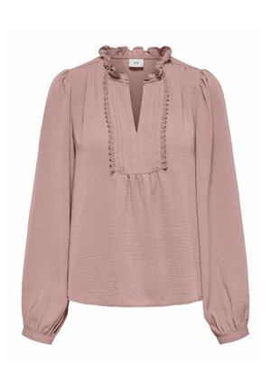 Vaaleanpunainen pitkähiha blouse, jossa on röyhelökaulus, laskostettu muotoilu ja joustavat hihansuut. Teksturoitu kangas, jossa on hienoa yksityiskohtaa nappilistan ympärillä.