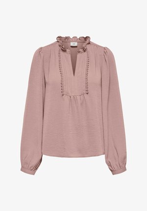 Vaaleanpunainen pitkähiha blouse, jossa on röyhelökaulus, laskostettu muotoilu ja joustavat hihansuut. Teksturoitu kangas, jossa on hienoa yksityiskohtaa nappilistan ympärillä.