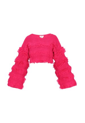 Pulover scurt roz aprins cu mâneci late și franjuri. Material tricotat texturat cu detalii de franjuri orizontale pe corp și mâneci.