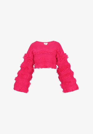 Kirkas roosa lühemad sviitrid laia, volangiga varrukatega. Tekstureeritud kudum, millel on horisontaalsed kiuddetailid kehal ja varrukatel.