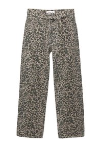 Pantalon large à imprimé léopard vert et beige avec poches avant et ceinture nouée à la taille.