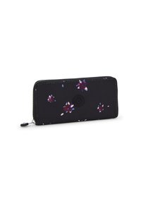 Portafoglio in tessuto nero con motivo floreale in viola e bianco. Presenta una chiusura a zip e un'emblema rotondo con logo sul davanti.