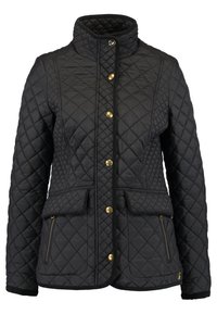 Black quilted jacket with a high collar, front snap closure, two front pockets, and gold accents. Features textured diamond pattern throughout.
