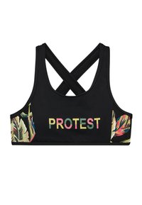 Musta urheil bra, jossa on ristiin menevät hihnat, kukkakuosiset yksityiskohdat sivuilla ja "PROTEST"-logo monivärisin kirjaimin edessä.