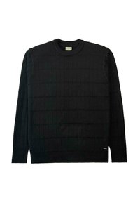 Maglione nero lavorato a maglia con motivo a griglia testurizzato, colletto rotondo, maniche lunghe e polsini a coste. Dettagli dell'etichetta visibili all'orlo.
