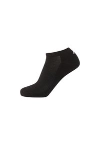 Black ankle sock with ribbed texture, featuring mesh ventilation panels, smooth toe seam, and a small logo on the cuff.