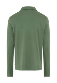 Rückansicht eines olivgrünen Langarm-Polohemds mit Kragen, einfachem Design und ohne sichtbare Muster oder Logos.