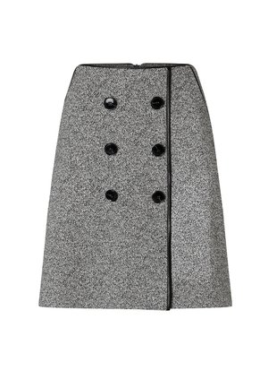 Grauer Tweed-Rock mit strukturierter Form, doppelter Knopfleiste, kontrastierenden schwarzen Akzenten und seitlichem Reißverschluss.