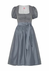 Graues Dirndl-Kleid mit Puffärmeln, quadratischem Ausschnitt, dekorativen Knöpfen und einem Taillengürtel. Verfügt über ein strukturiertes Oberteil und einen glatten Rockstoff.