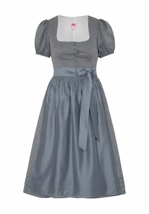 Grijze dirndl jurk met pofmouwen, vierkante halslijn, decoratieve knopen en een tailleband. Heeft een gestructureerde lijfje en een gladde rok.