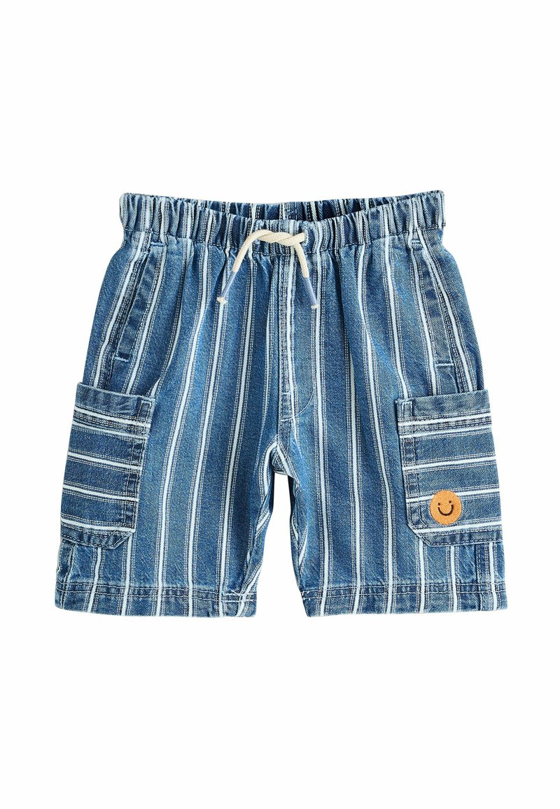Niebieskie szorty w paski wykonane z denimu. Posiadają elastyczny pas z sznurkiem, dwie boczne kieszenie oraz naszywkę z uśmiechniętą buzią.