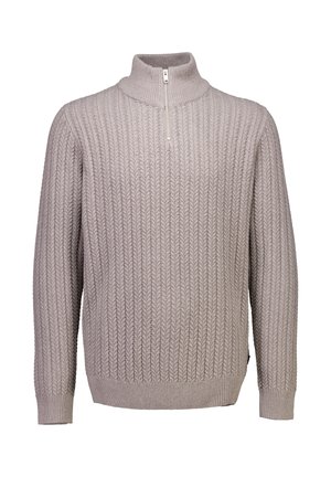 Suéter de punto gris claro con cremallera de cuarto, cuello, puños y dobladillo acanalados, que presenta un patrón de trenzas texturizado.