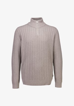 Hellgrauer Strickpullover mit Viertelreißverschluss, geripptem Kragen, Bündchen und Saum, ausgestattet mit einem strukturierten Kabelmuster.