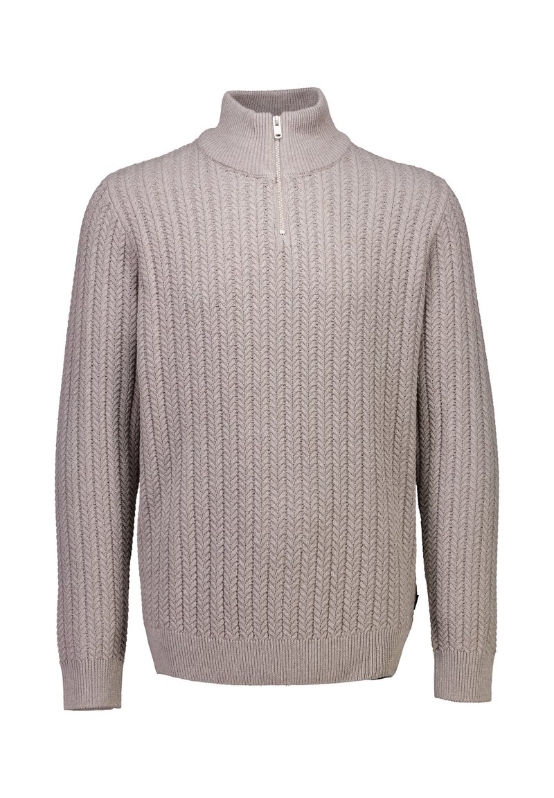 Maglione lavorato a maglia grigio chiaro con zip a quarti, colletto a costine, polsini e orlo, con un motivo a treccia testurizzato.