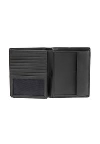 Cartera de cuero negra con un interior que cuenta con múltiples ranuras para tarjetas, una ventana de identificación de malla y un bolsillo lateral para billetes o notas.