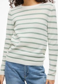 Personne portant un pull en tricot blanc avec des rayures horizontales vert clair et un jean en denim bleu, visible des épaules aux hanches.
