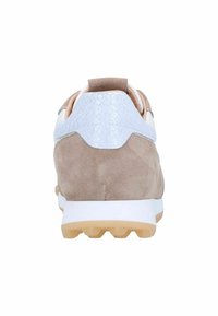 Brown and white sneaker with a textured suede upper, rubber outsole, and a cushioned heel. Features a pale blue crackle detail on the heel.