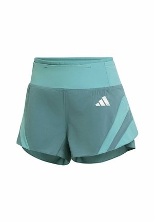 Turquoise athletic shorts with a layered design, featuring a wide waistband, geometric side accents, and a white logo on the front.