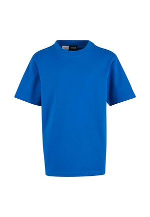 Tricou albastru din bumbac, cu mâneci scurte, decolteu rotund și croială lejeră. Textură netedă și culoare solidă, fără modele sau accente.