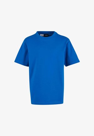 Blå bomuld t-shirt med korte ærmer, rund halsudskæring og en afslappet pasform. Glat tekstur og ensfarvet, uden mønstre eller accenter.