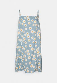 Vestido floral com alças ajustáveis, apresentando um fundo azul claro, margaridas brancas com centros amarelos e um tecido suave e macio.