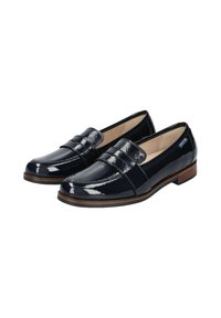 Mocassins en cuir verni bleu marine avec un petit talon, dotés d'une bande cousue et d'une finition lisse. Semelle en bois pour un contraste supplémentaire.