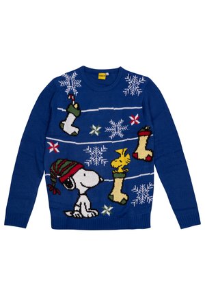Blauer Strickpullover mit Snoopy und Woodstock, mit Schneeflocken und Weihnachtsstrümpfen als Hauptmustern. Runder Ausschnitt und lange Ärmel.