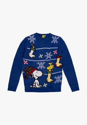 Maglione blu lavorato a maglia con Snoopy e Woodstock, decorato con pupazzi di neve e calze di Natale come motivi principali. Collo rotondo e maniche lunghe.