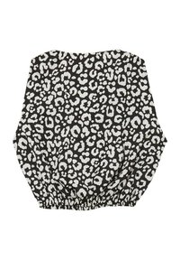 Top leopard stampato bianco e nero con orlo elastico arricciato, caratterizzato da un design ampio e fluido e da una texture di tessuto liscia.