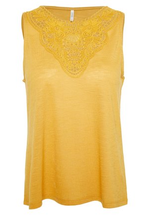 Ærmeløs gul top med rund halsudskæring med detaljeret blomsterblonde på den øverste brystdel.
