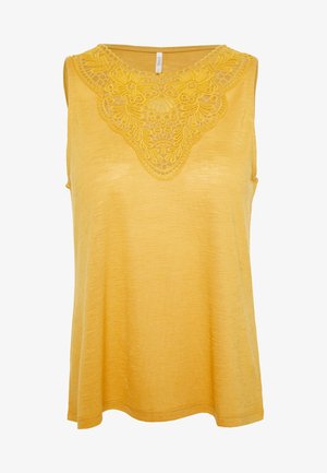 Ärmelloses gelbes Oberteil mit rundem Ausschnitt und detaillierter, floraler Spitzenverzierung im oberen Brustbereich.